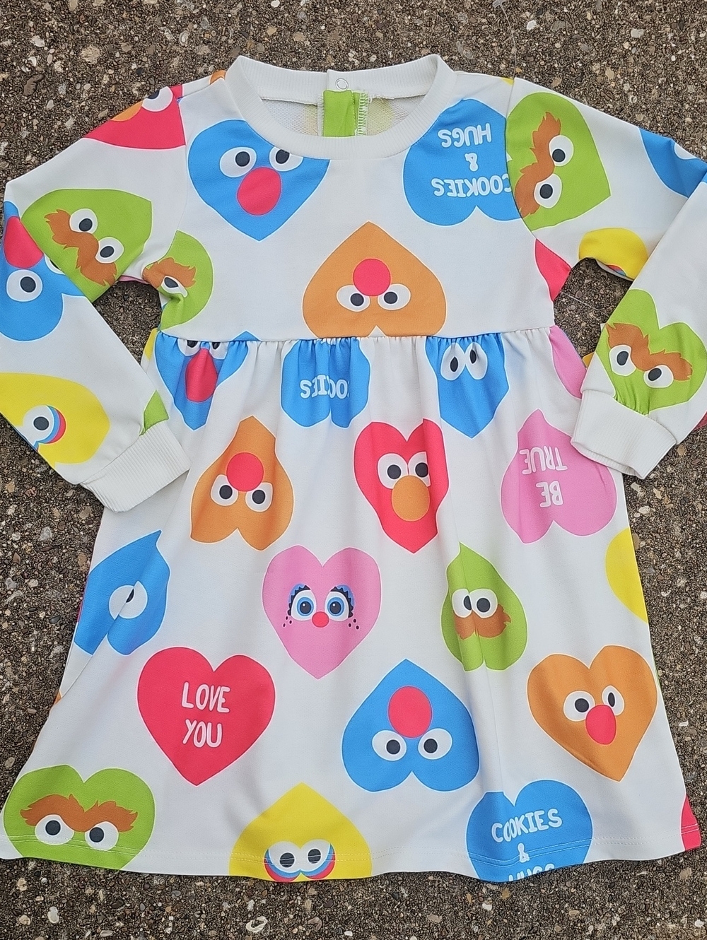 Sesame Street Character Heart Faces Multicolor Long-Sleeve Girls Dress 3T NWT